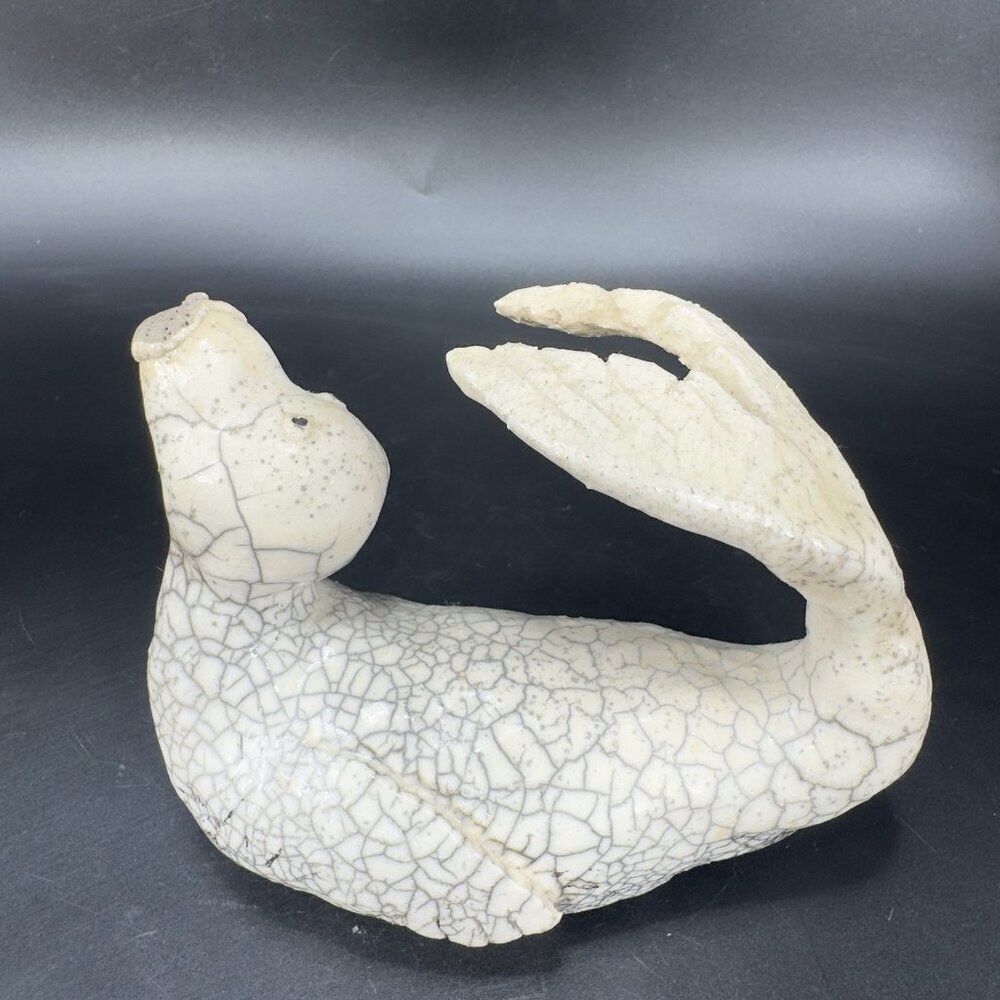 Vintage Hand Made Pottery Sea Creature Mammal Creature Crackled‎ White Glaze VTG